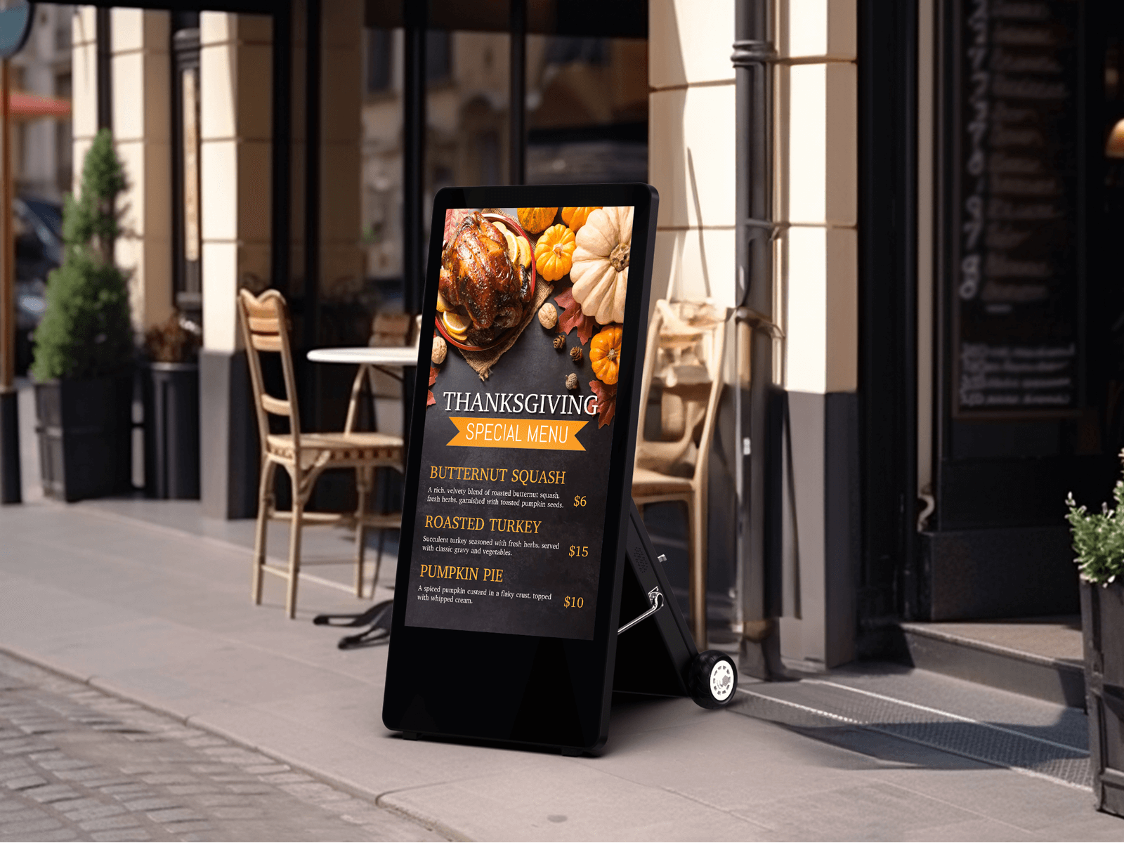 Portable digital sign used in a café