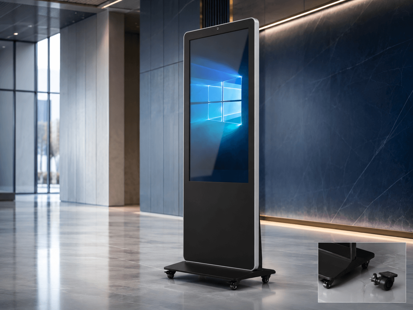 50-inch floor standing kiosk on detachable wheels, with caster detail