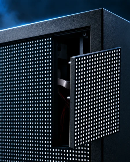 Industrial Series front-service LED module opened outward to show front access maintenance design