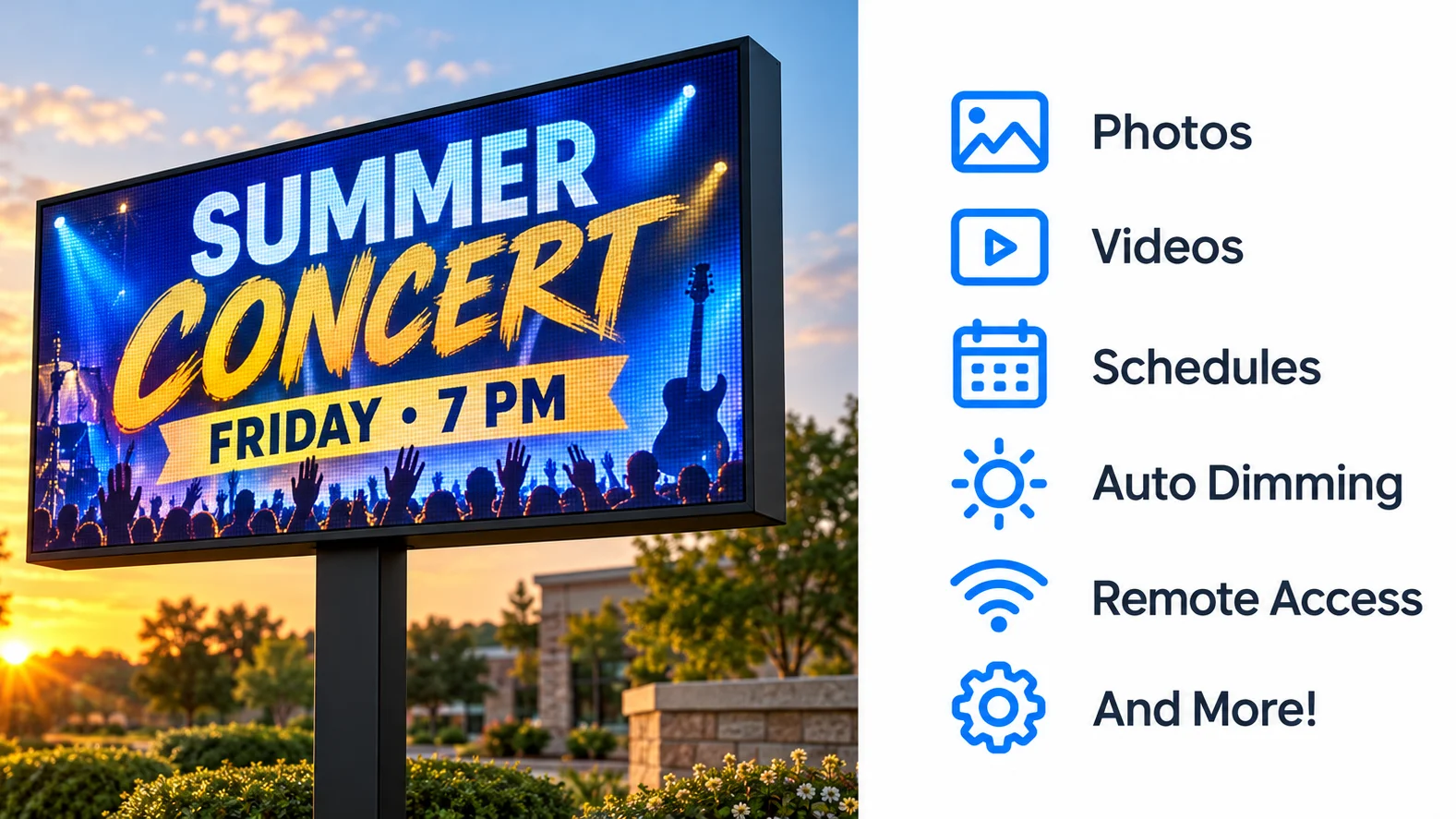 Full-color LED sign displaying an event message beside software feature icons
