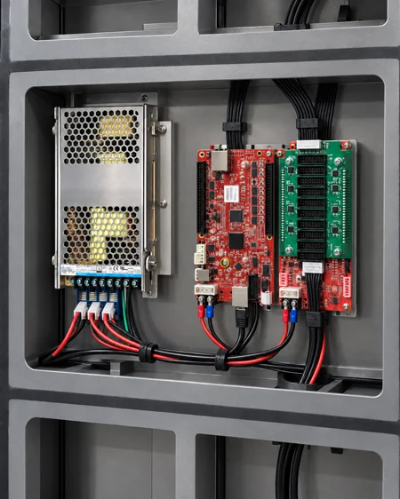 Interior of an Industrial Series LED sign cabinet showing the square structural frame, power supply, green buffer board, and neatly managed cabling