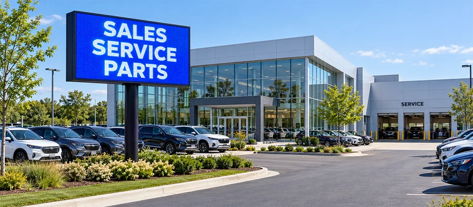 Full-color LED sign installed at an automotive dealership and service center