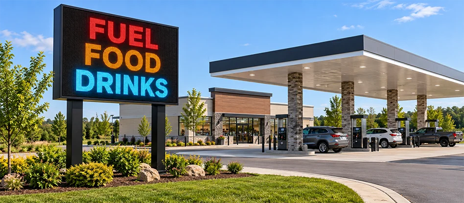 Full-color LED sign installed at a gas station and convenience store