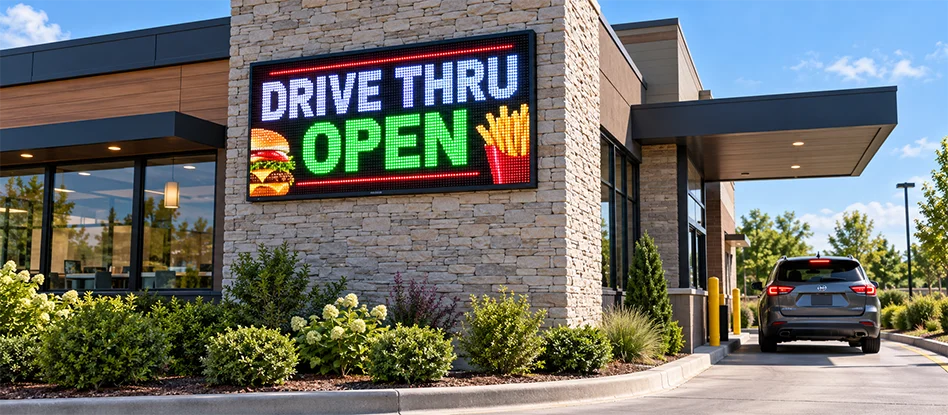 Full-color LED sign installed at a restaurant drive-through