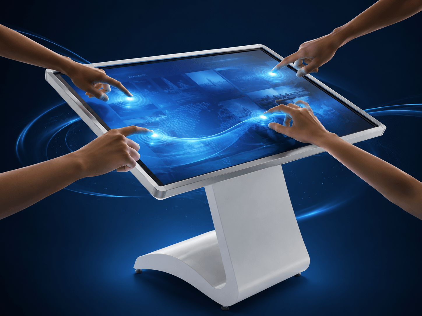 Illustration of multi-touch interaction on a pedestal kiosk
