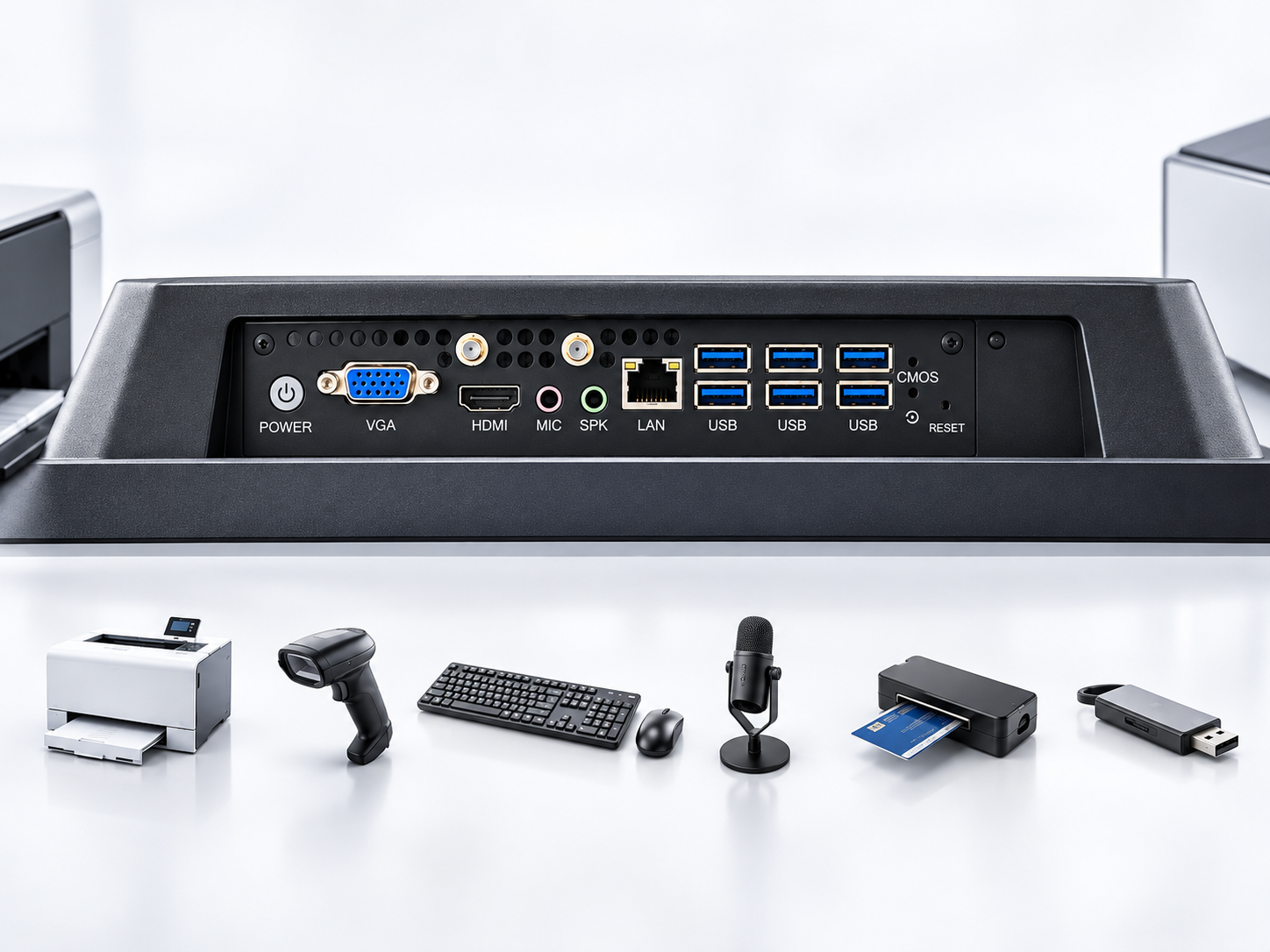 Illustration of kiosk connections with a printer, scanner, keyboard and mouse, microphone, card reader and USB storage