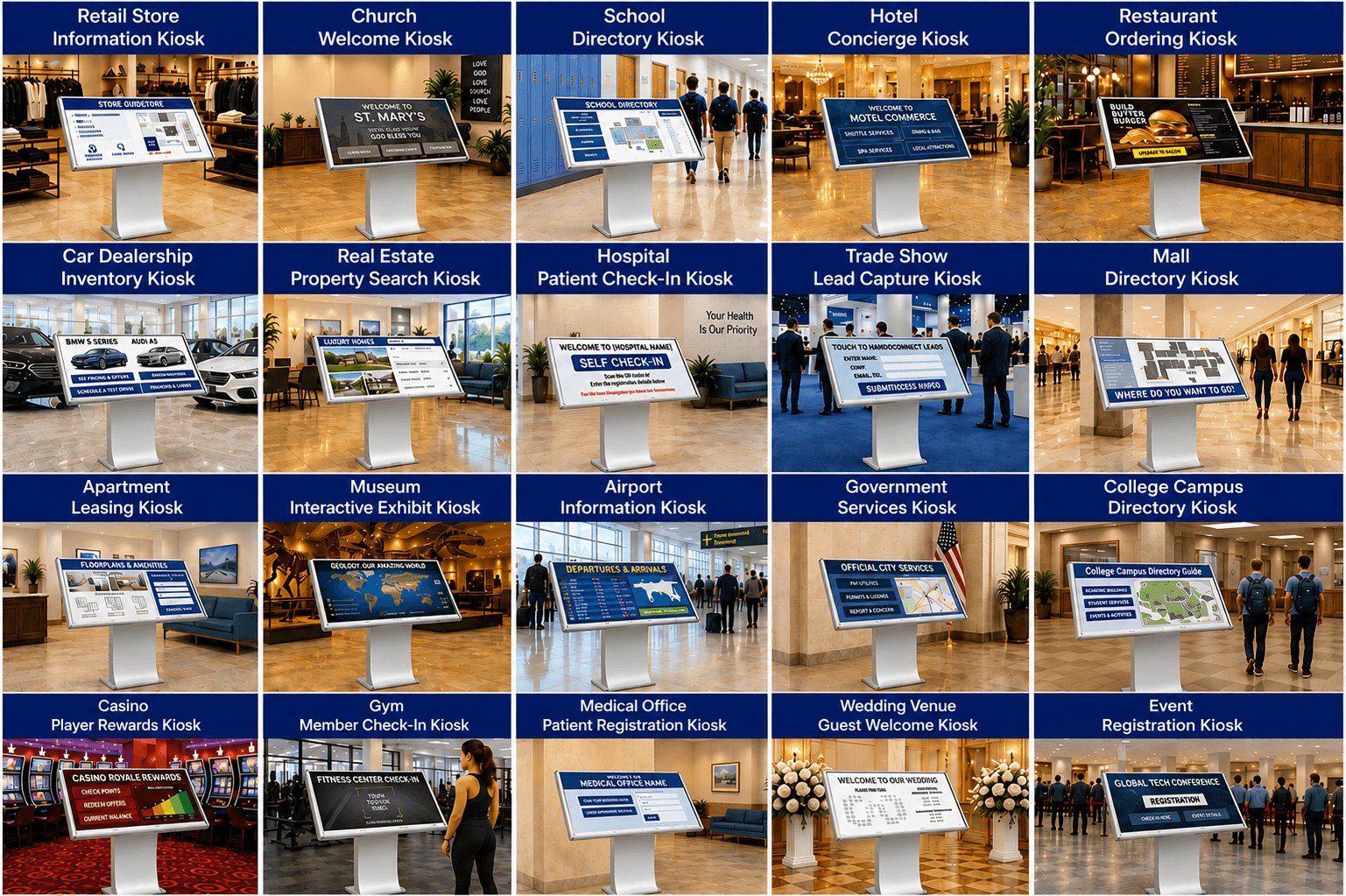 Examples of touchscreen kiosk placement in businesses, schools, healthcare facilities, hotels, events, and public spaces