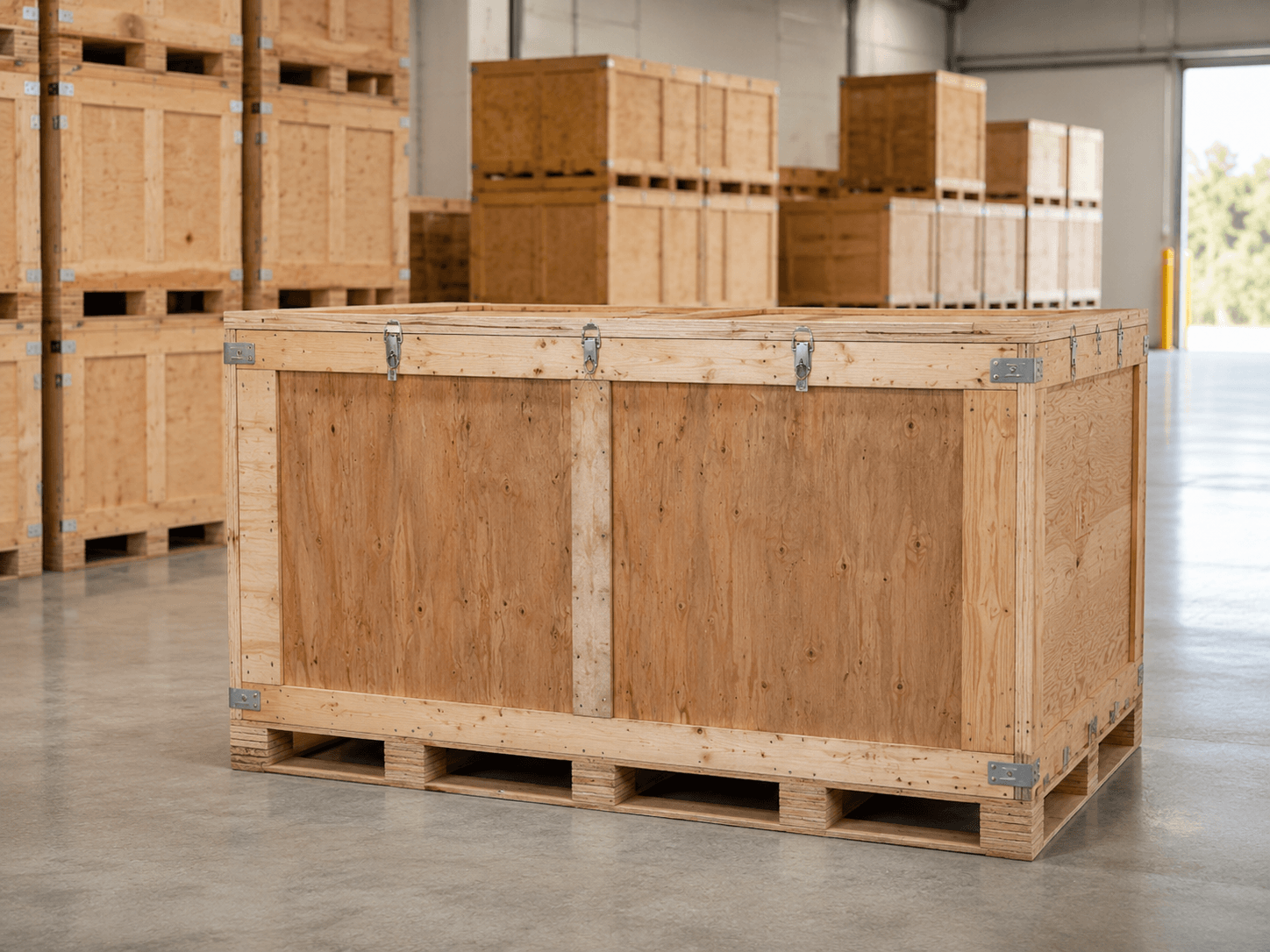 Protective wooden shipping crate with reusable lid and latches