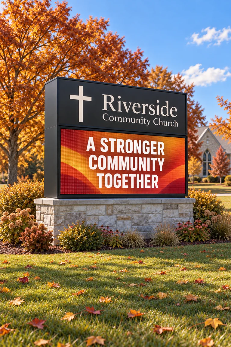 Illustration of the Riverside church monument LED sign in autumn