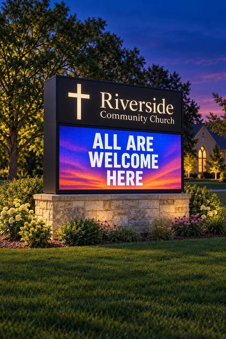 Illustration of the Riverside church monument LED sign in evening