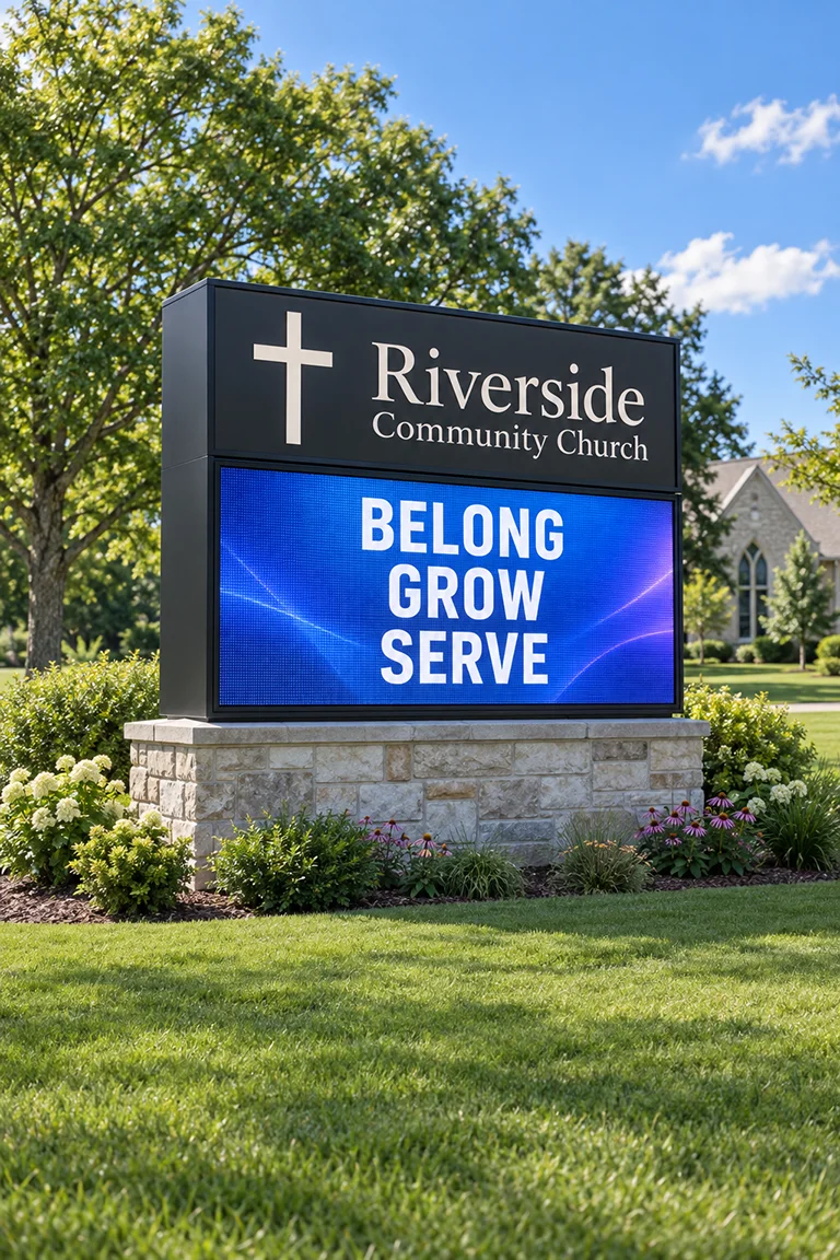 Illustration of the Riverside church monument LED sign in summer