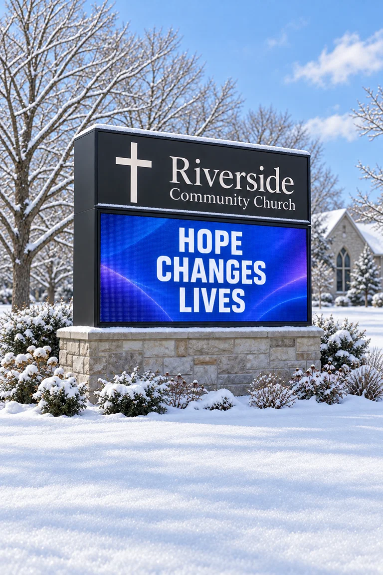 Illustration of the Riverside church monument LED sign in winter