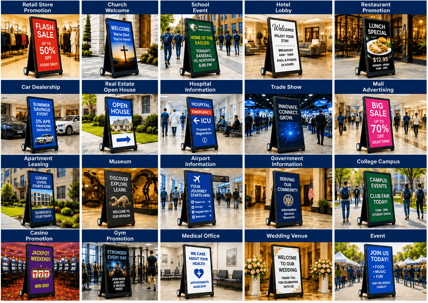 Portable digital display applications for businesses, schools, churches, hotels, restaurants, events, healthcare facilities, and public spaces