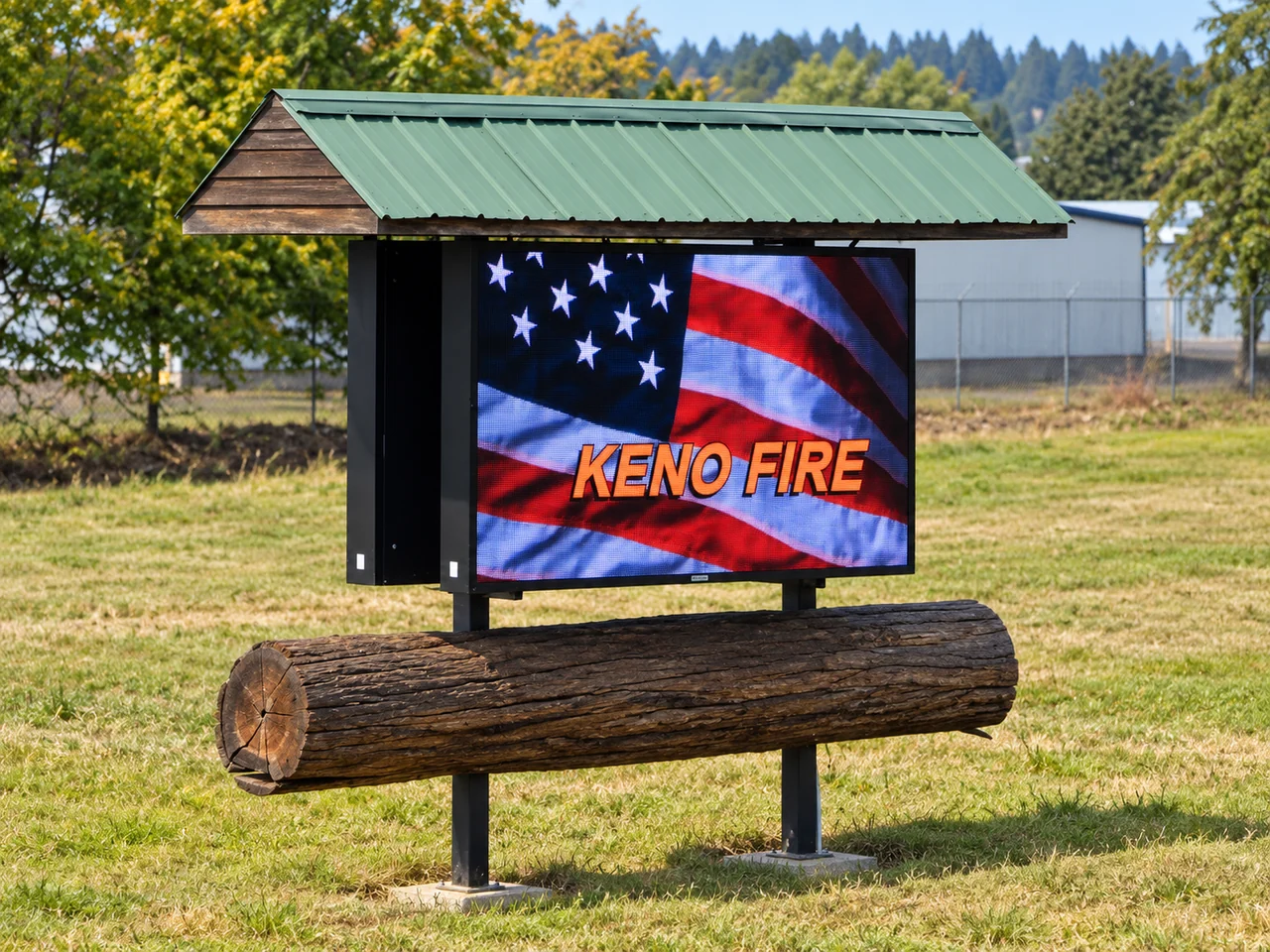 Keno Fire Department LED sign under a timber canopy