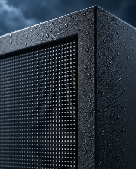 Close-up of an Industrial Series outdoor LED cabinet with a weather-sealed textured enclosure and water droplets on the housing